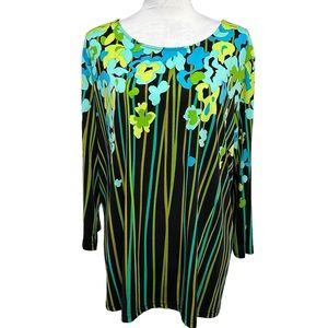 Bob Mackie Wearable Art Jersey Emerald Green Knit Tunic Top Mixed Stripes Floral